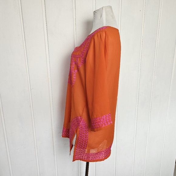 Gretchen Scott XS Orange Pink Sheer Oversized Embroidered BohoTunic Top - Picture 14 of 14